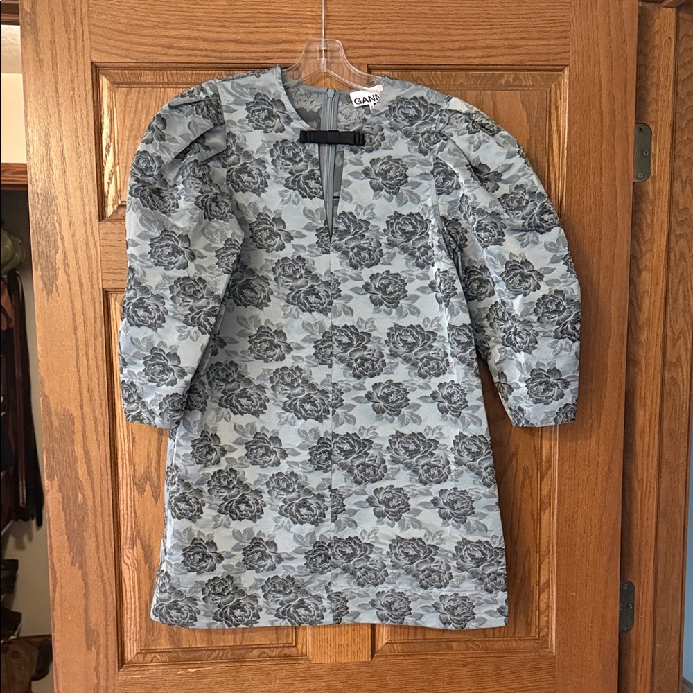 Ganni Gray-Blue Floral Patterned Mini Dress - Holiday ready!   Never worn.